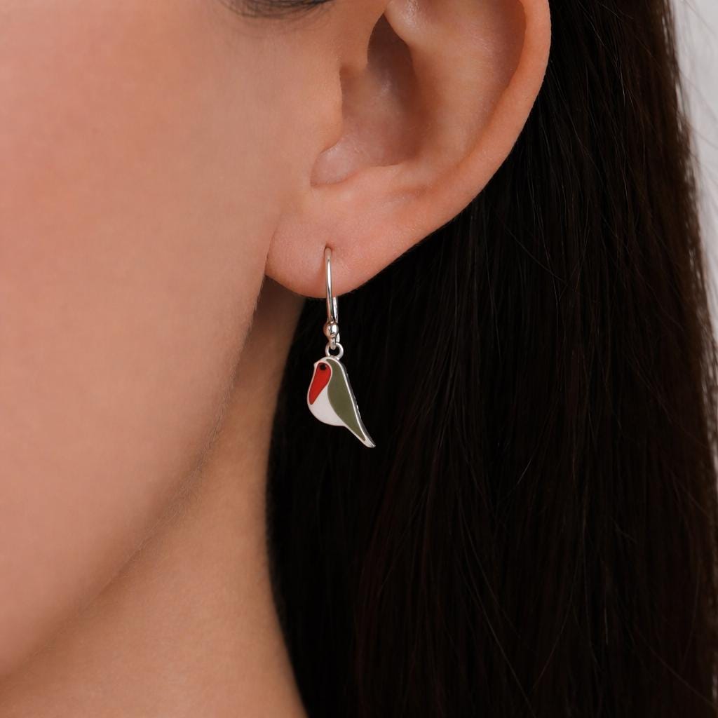 Enamel Robin Bird Drop Hook Earrings in Sterling Silver, Sterling Silver Enamel Robin Earrings, Nature Inspired