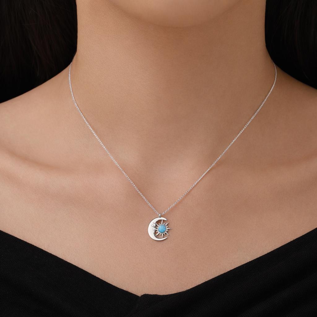 Blue Opal Moon and Star Pendant Necklace in Sterling Silver, Silver or Gold, Man in the Moon, Lab Opal Starburst Necklace
