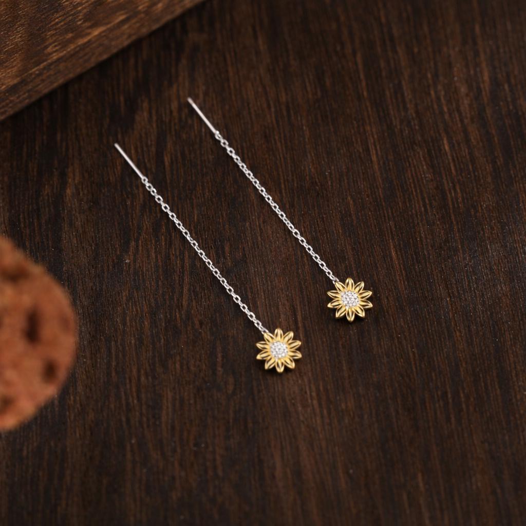Sunflower Threader Earrings in Sterling Silver, Sunflower with Dangle Chain Earrings, SunFlower Pull Through Chain Earrings
