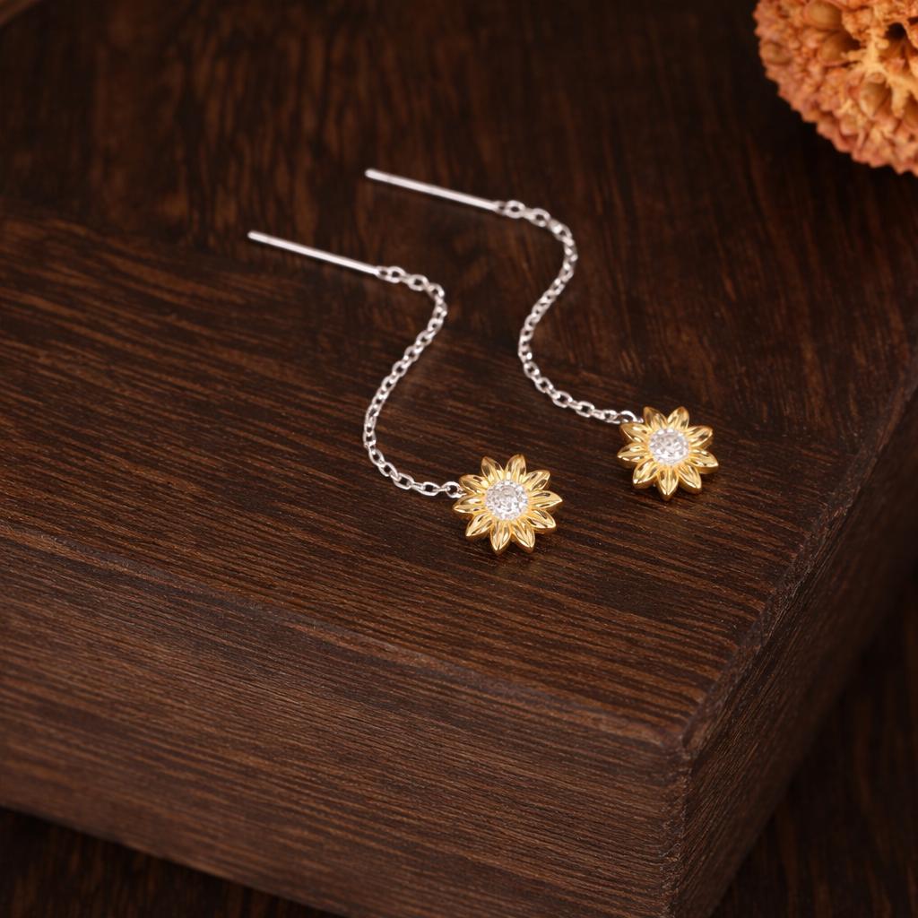 Sunflower Threader Earrings in Sterling Silver, Sunflower with Dangle Chain Earrings, SunFlower Pull Through Chain Earrings