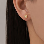 Sunflower Threader Earrings in Sterling Silver, Sunflower with Dangle Chain Earrings, SunFlower Pull Through Chain Earrings