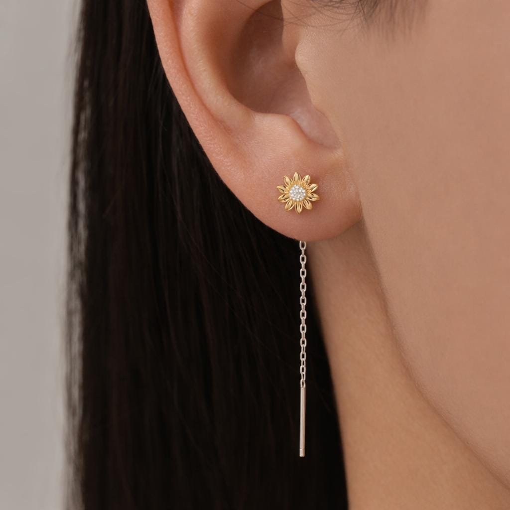 Sunflower Threader Earrings in Sterling Silver, Sunflower with Dangle Chain Earrings, SunFlower Pull Through Chain Earrings