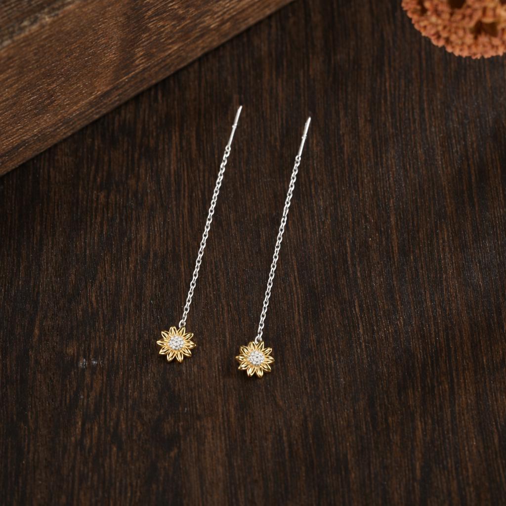 Sunflower Threader Earrings in Sterling Silver, Sunflower with Dangle Chain Earrings, SunFlower Pull Through Chain Earrings
