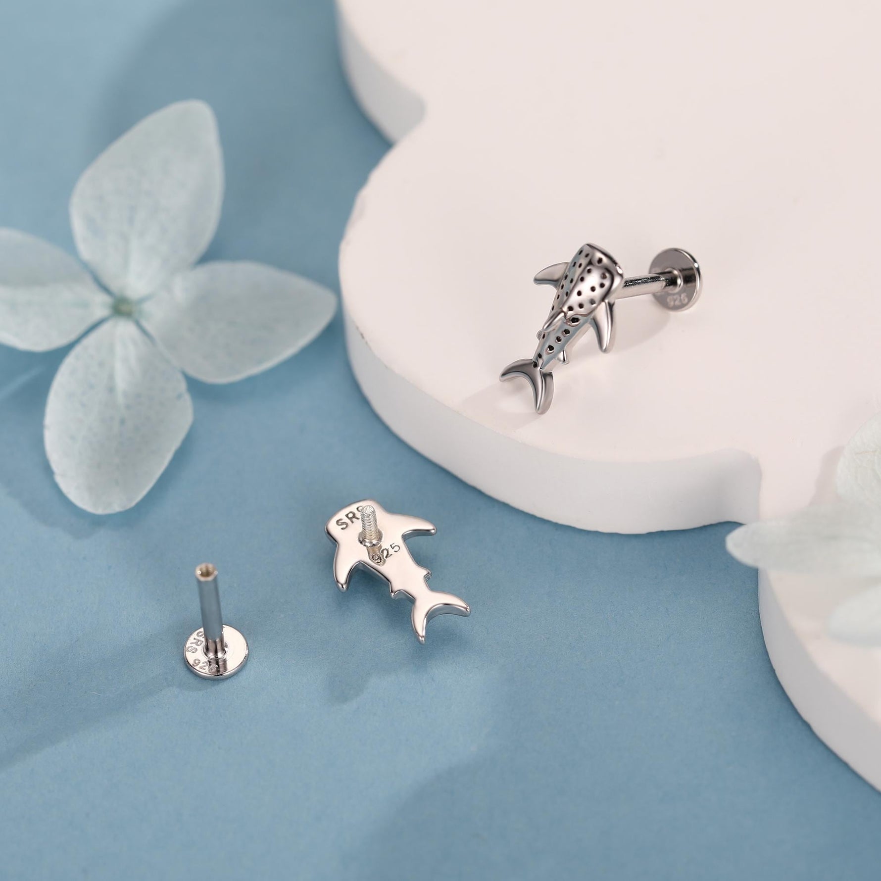 Sterling Silver Whale Shark 16G Flat Back Labret Earrings