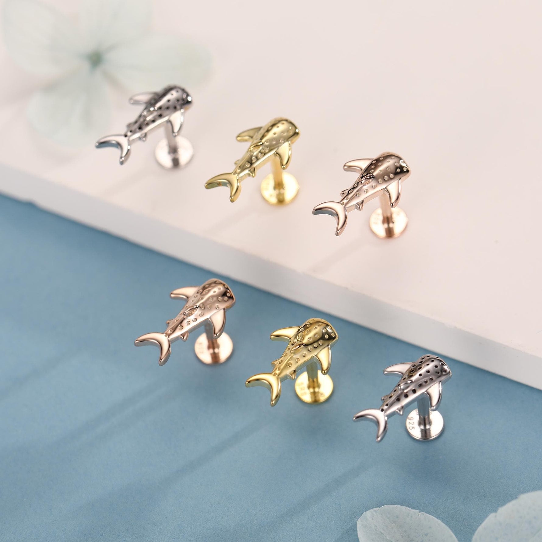 Sterling Silver Whale Shark 16G Flat Back Labret Earrings