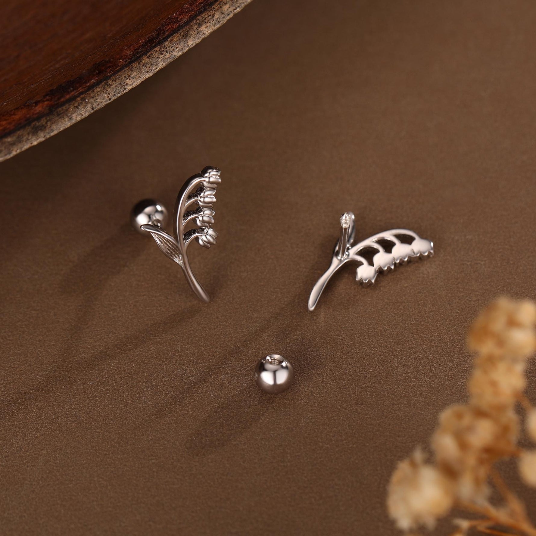 Sterling Silver Lily of the Valley 18G Screw Back Stud Earrings