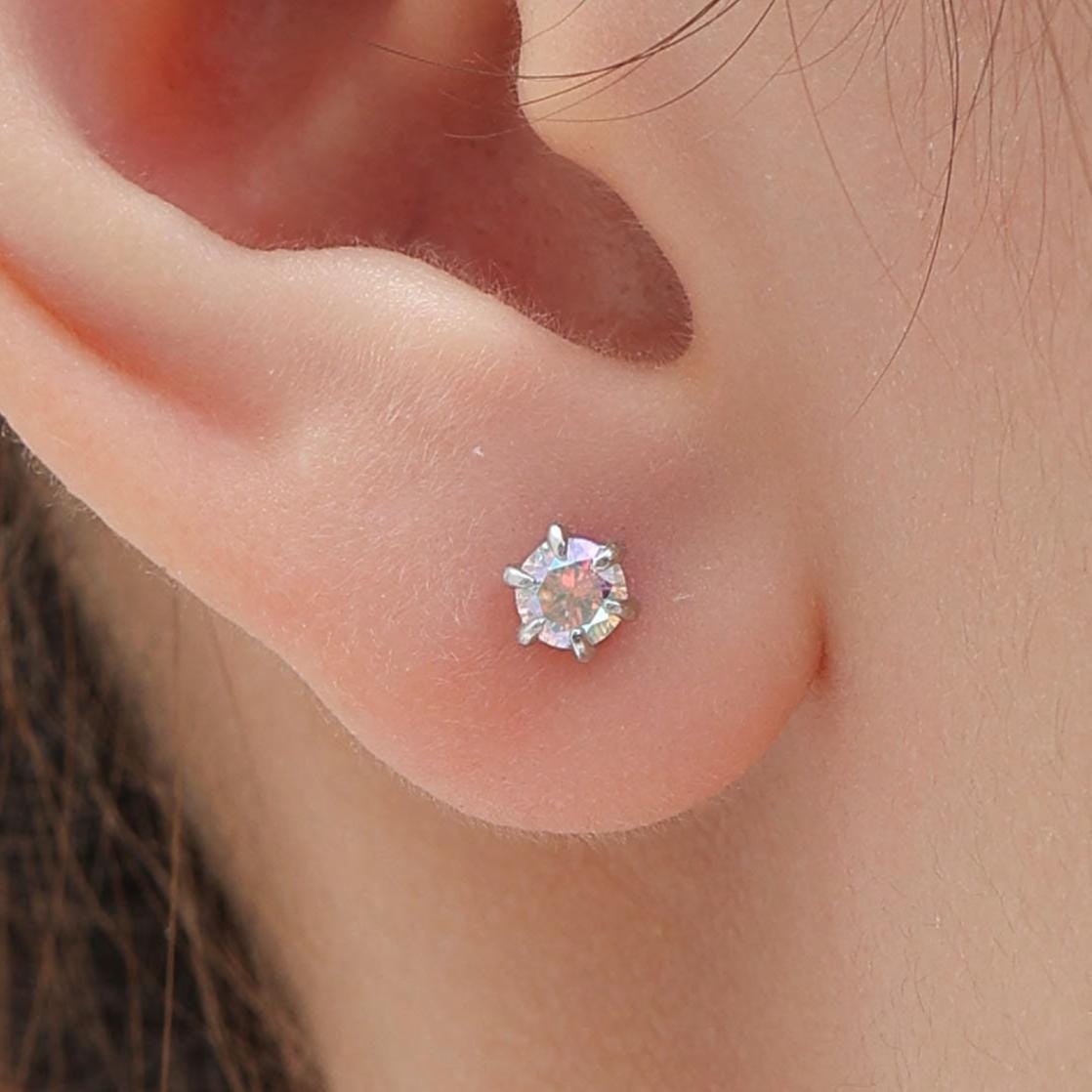 Sterling Silver Aurora AB CZ Stud Earrings, 4mm Minimal Aurora Colour Changing CZ Earrings, Tiny Iridescent Crystal Stud