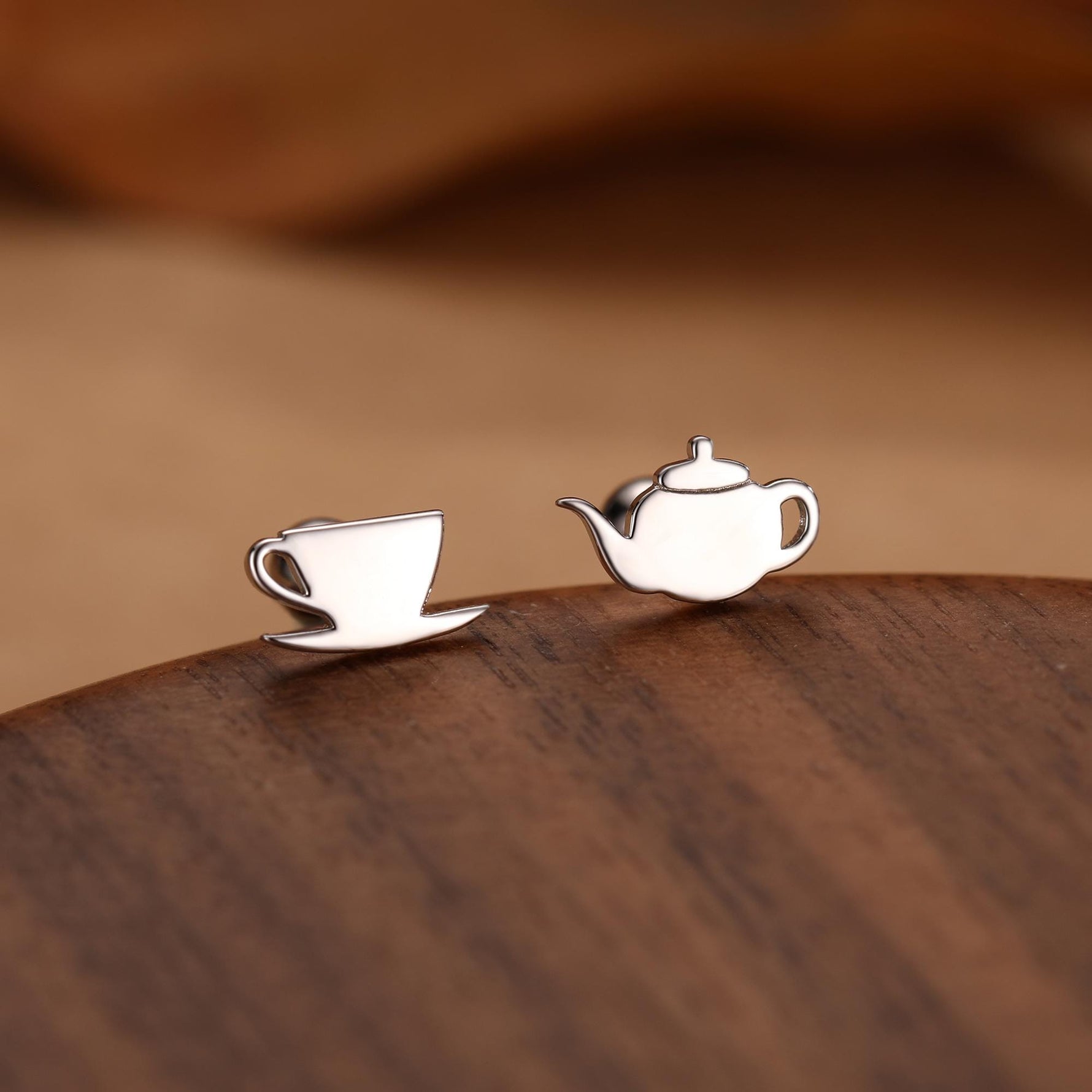 Sterling Silver Teapot and Teacup 18G Mismatched Screw Back Earrings with Balls