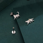 Sterling Silver Asymmetric Cat 16G Flat Back Labret Earrings, Animal