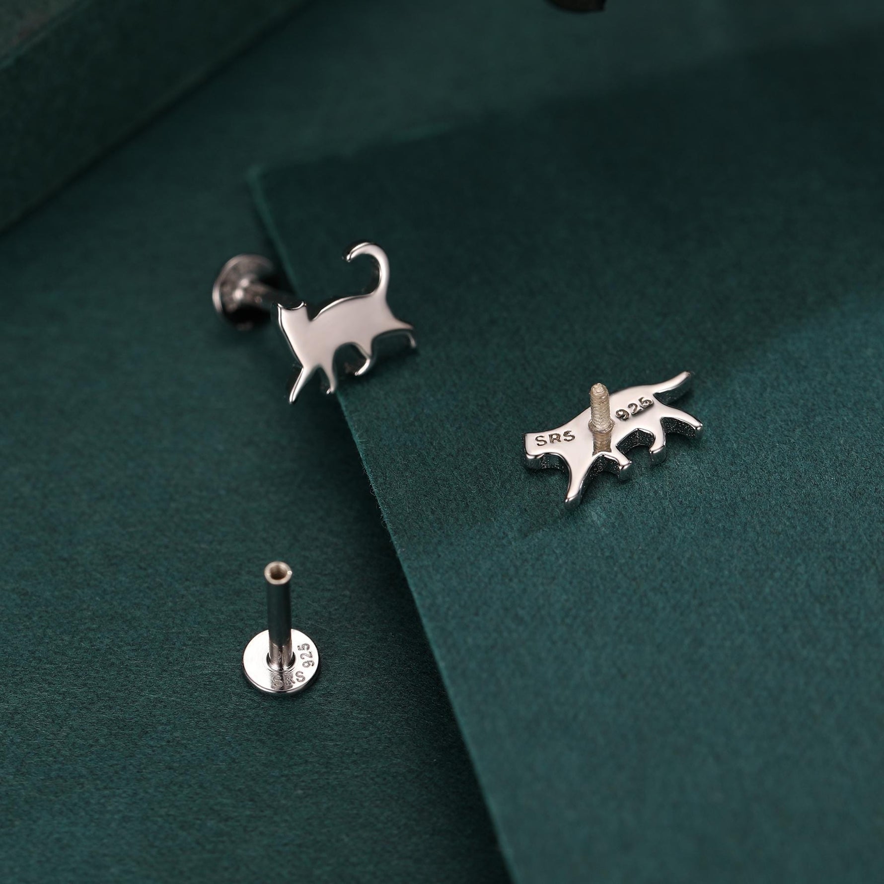 Sterling Silver Asymmetric Cat 16G Flat Back Labret Earrings, Animal