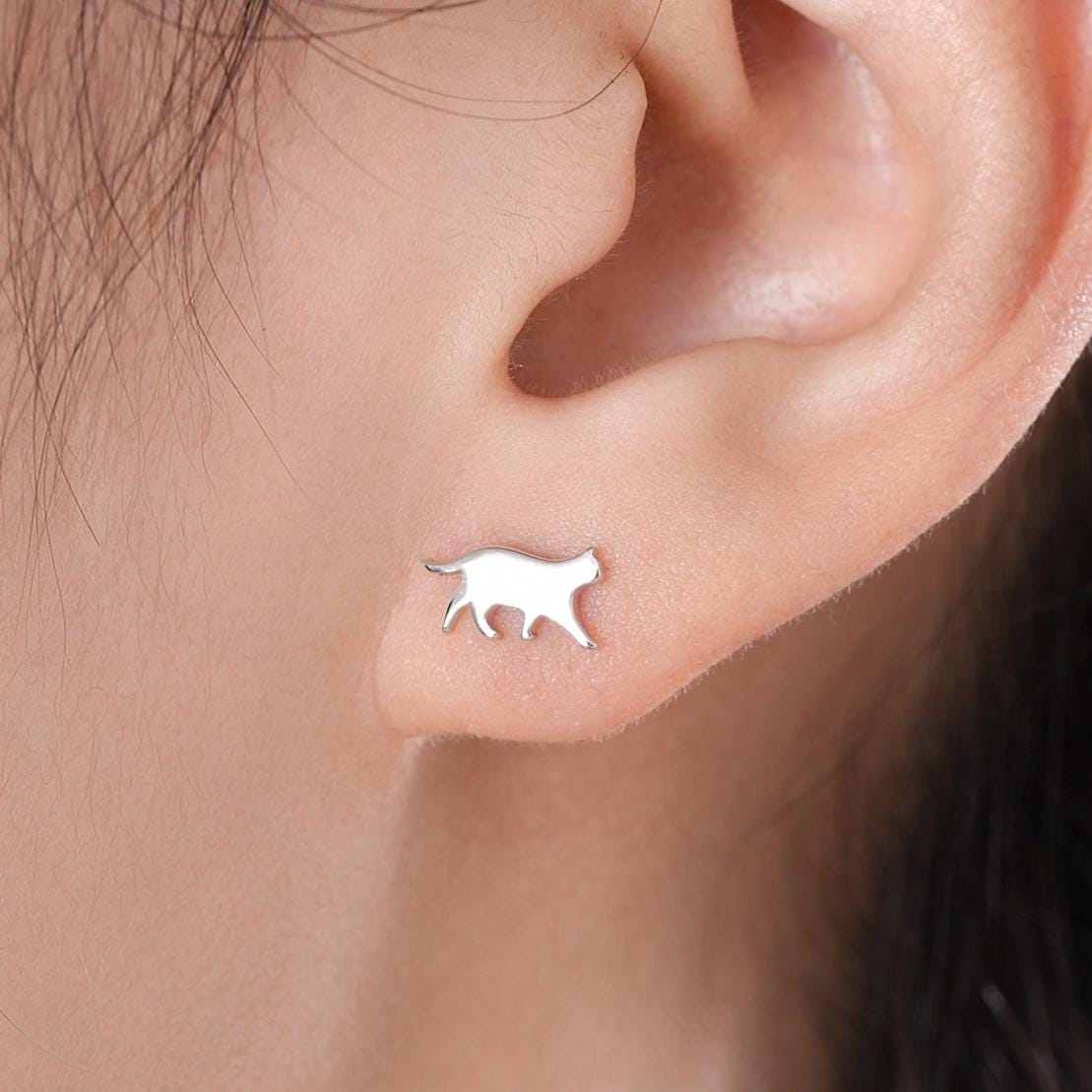 Sterling Silver Asymmetric Cat 16G Flat Back Labret Earrings, Animal
