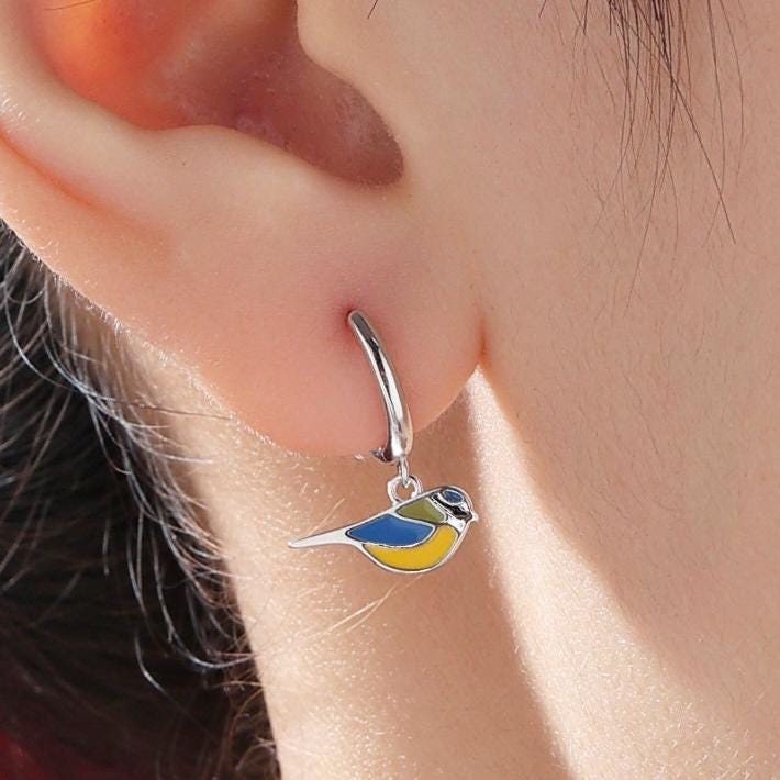 Super Cute Blue Tit Bird Huggie Hoop Earrings in Sterling Silver - Cute Bird Hoop Earrings, Blue Tit Earrings