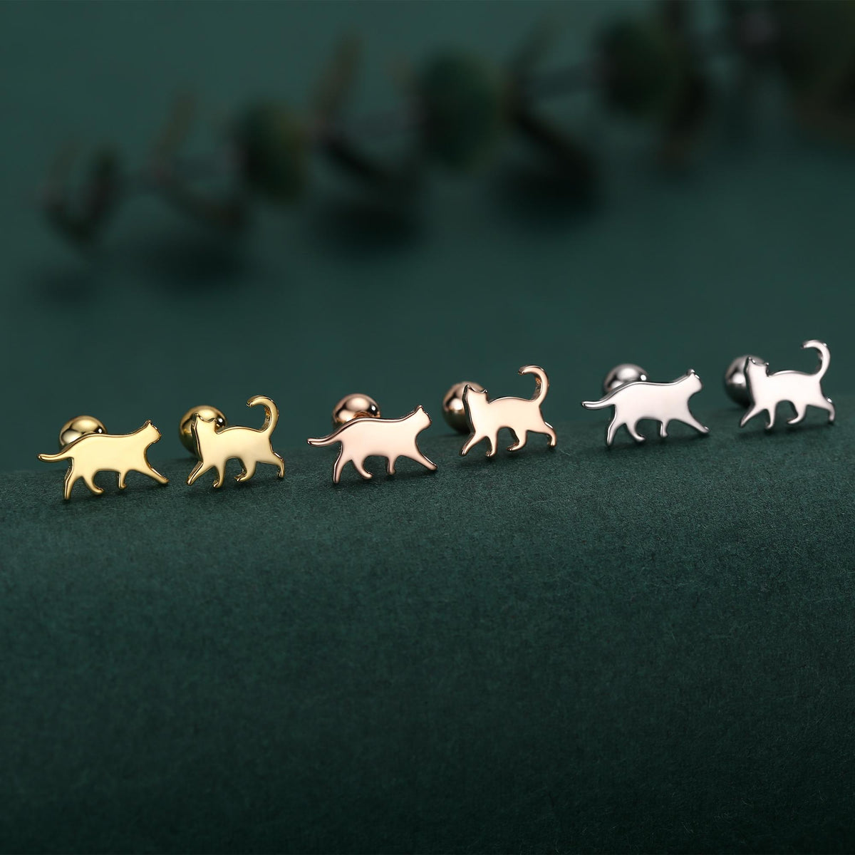 Sterling Silver Asymmetric Cat 18G Screw Back Stud Earrings