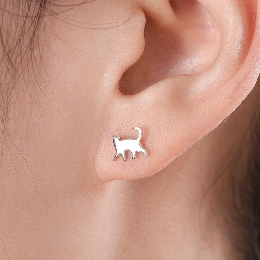 Sterling Silver Asymmetric Cat 18G Screw Back Stud Earrings