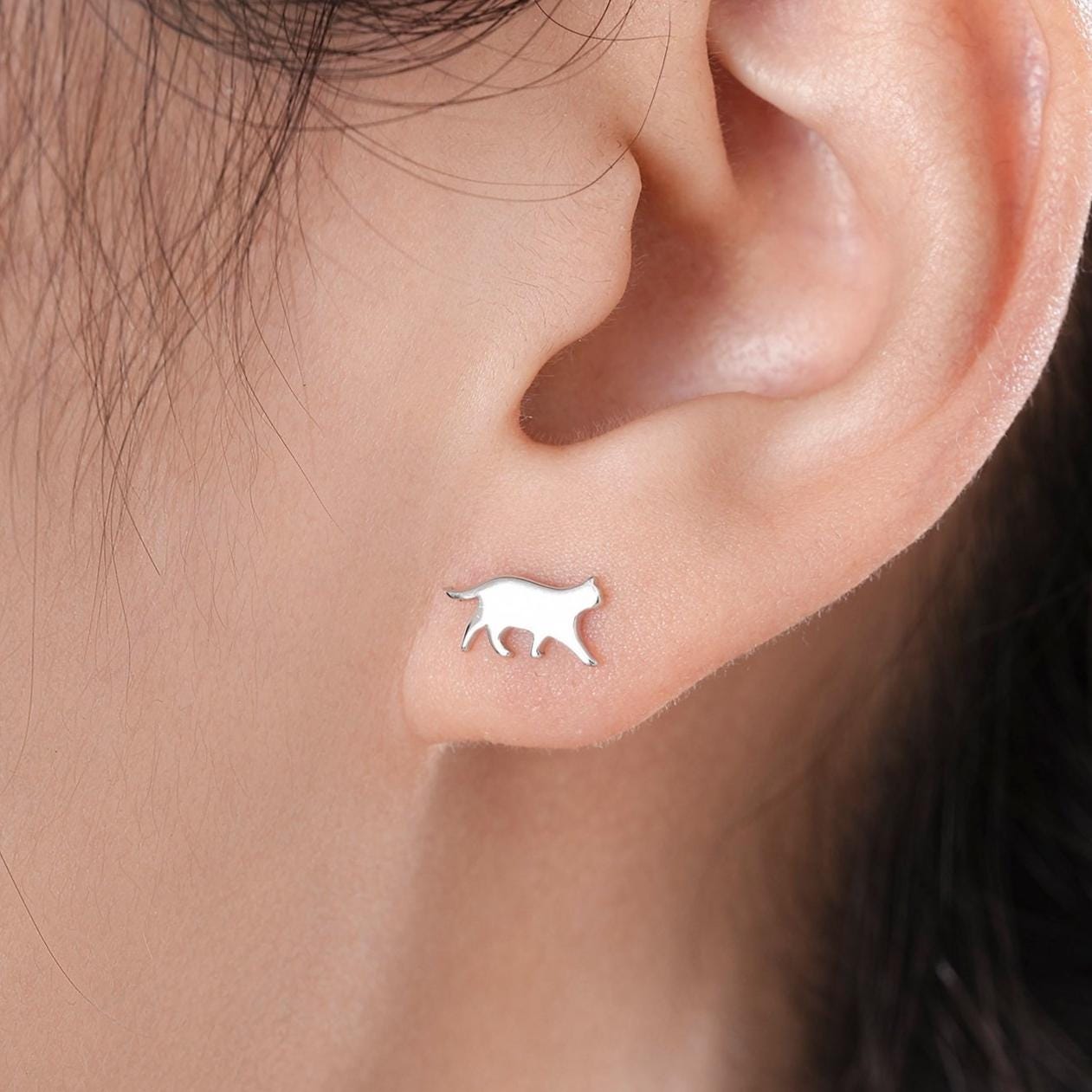 Sterling Silver Asymmetric Cat 18G Screw Back Stud Earrings