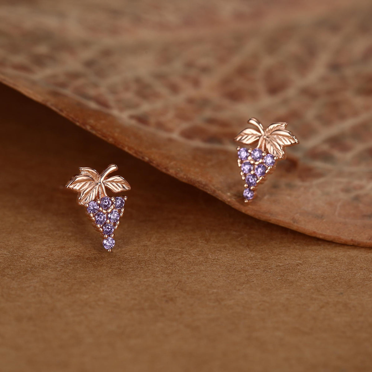 Sterling Silver Grape and Leaf Purple CZ Stud Earrings