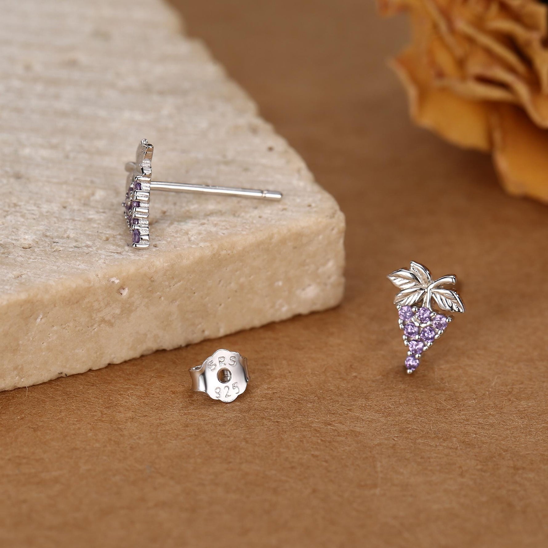 Sterling Silver Grape and Leaf Purple CZ Stud Earrings