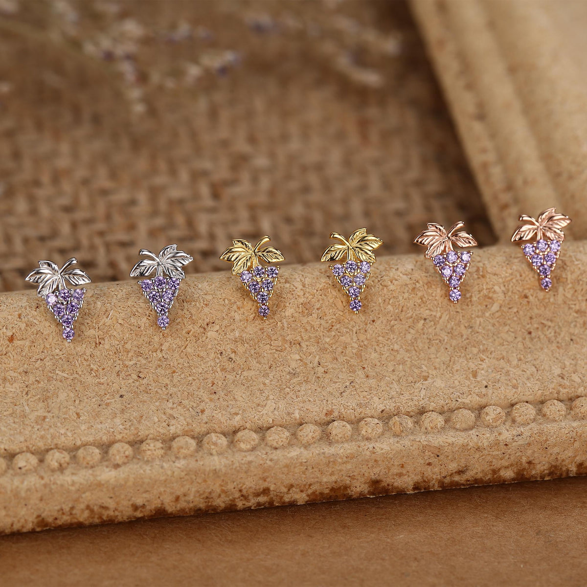 Sterling Silver Grape and Leaf Purple CZ Stud Earrings