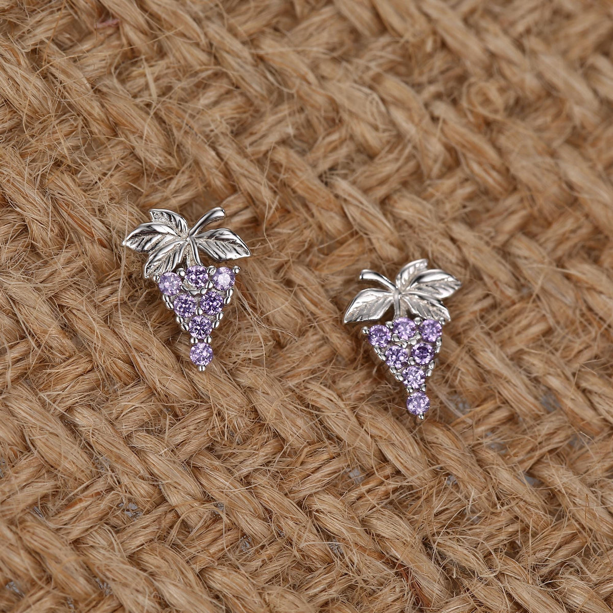 Sterling Silver Grape and Leaf Purple CZ Stud Earrings