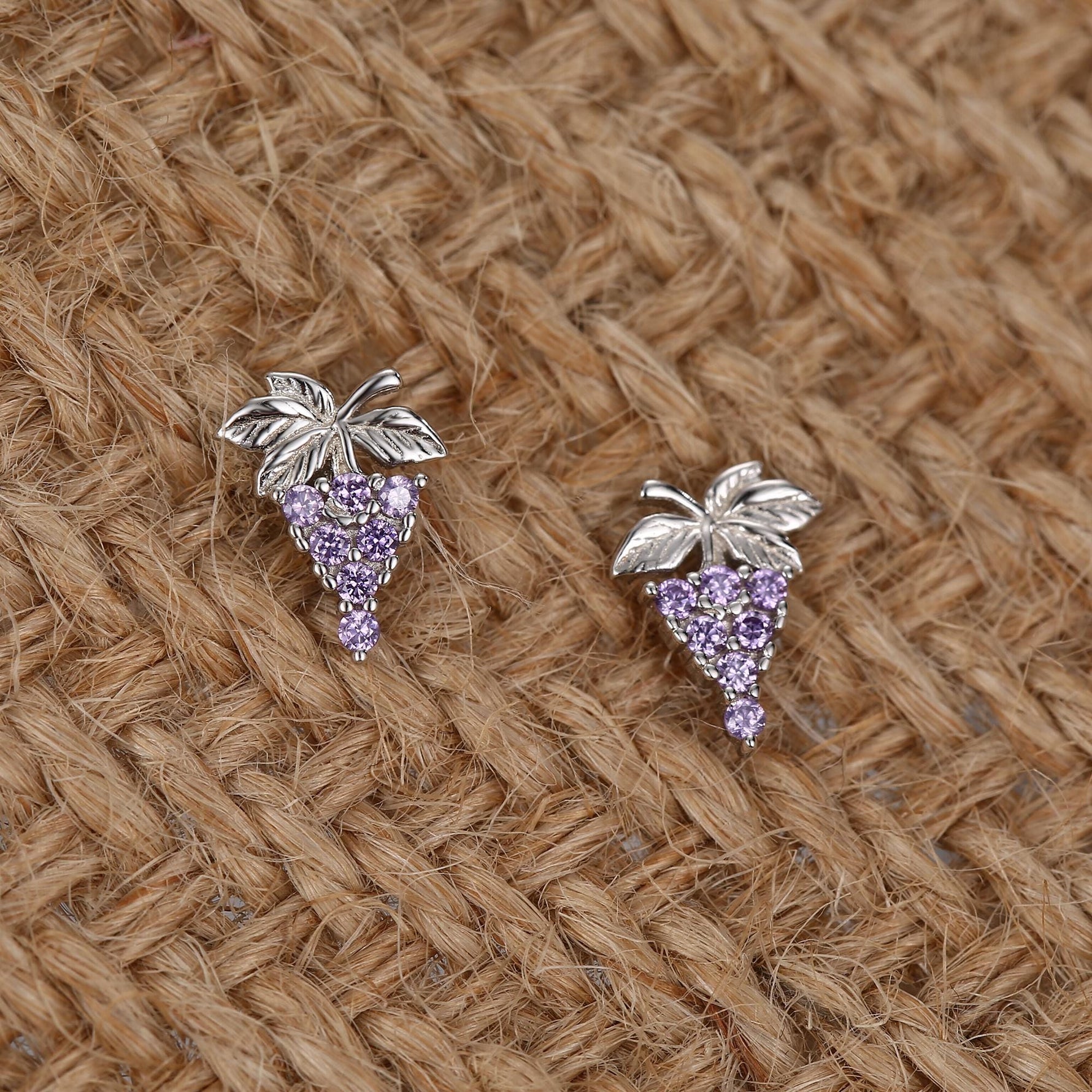 Sterling Silver Grape and Leaf Purple CZ Stud Earrings