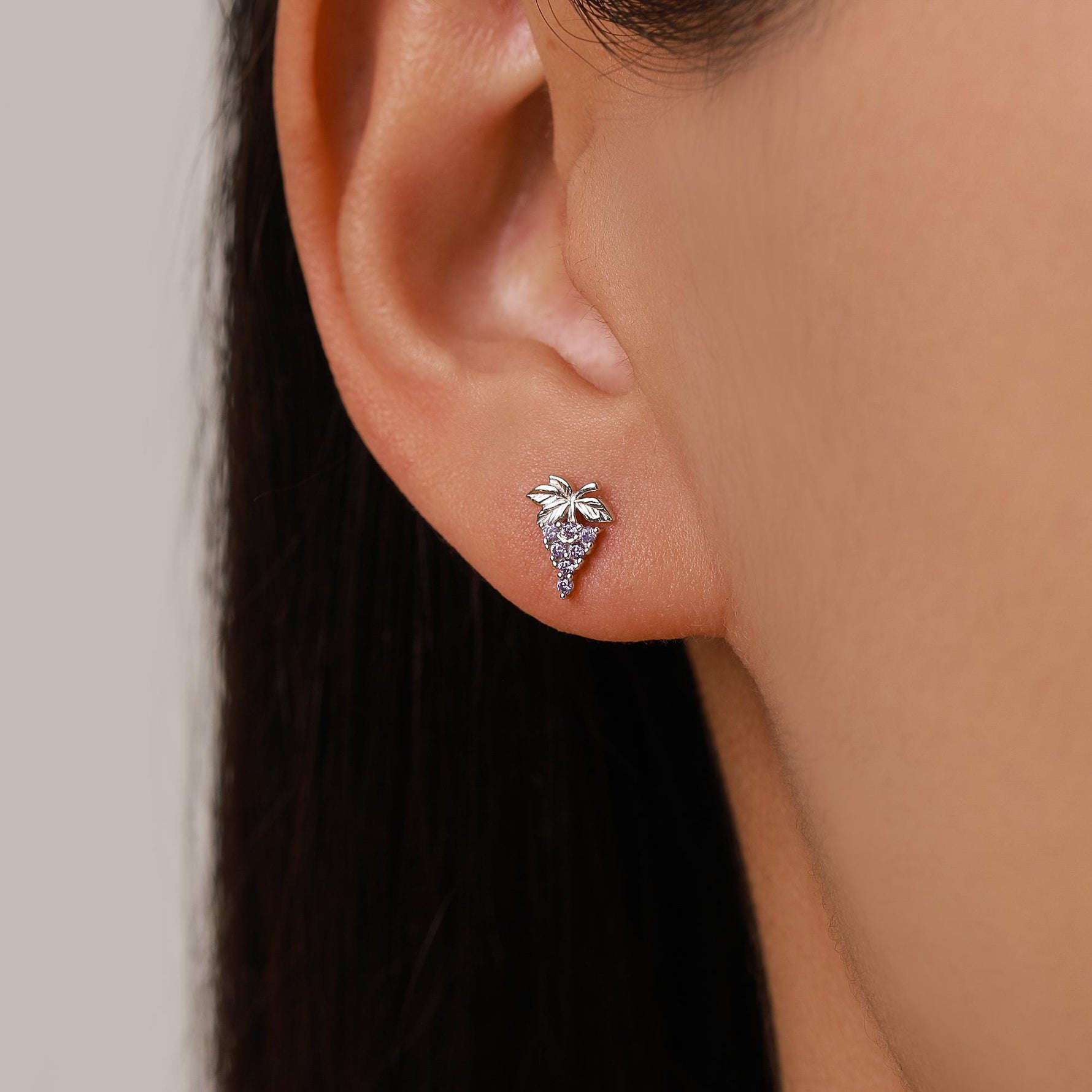 Sterling Silver Grape and Leaf Purple CZ Stud Earrings