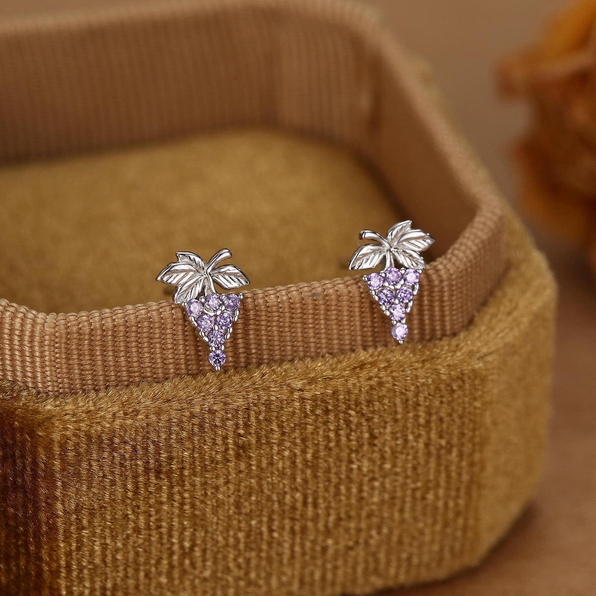 Sterling Silver Grape and Leaf Purple CZ Stud Earrings