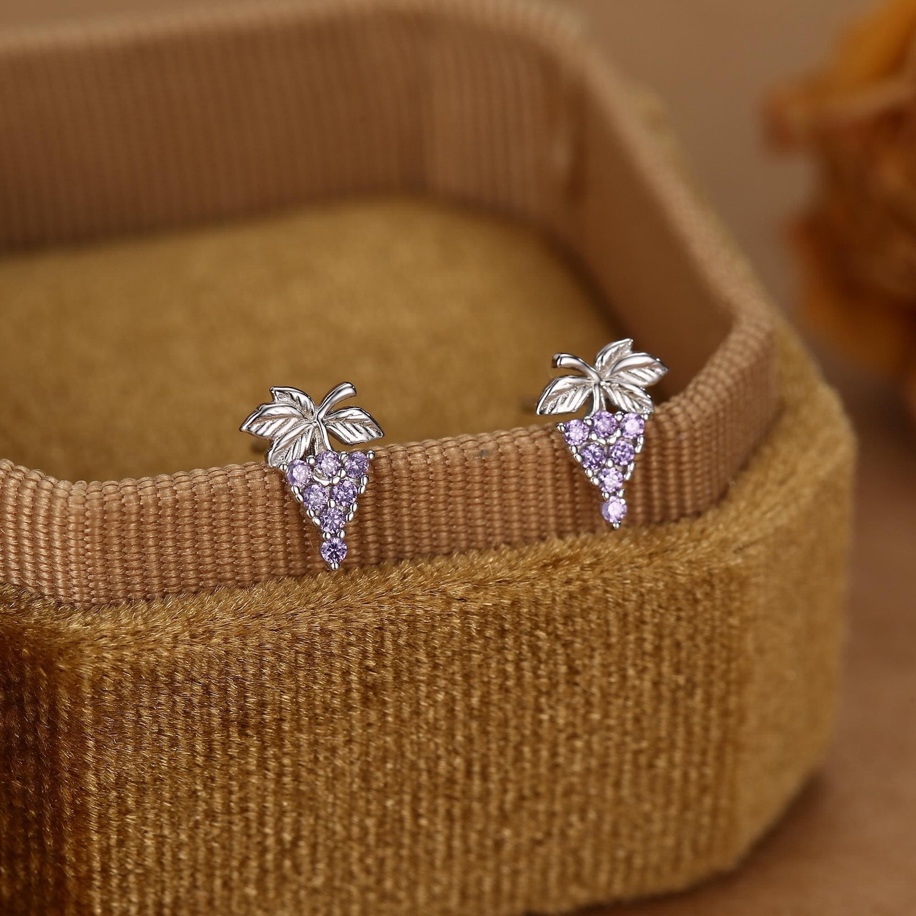 Sterling Silver Grape and Leaf Purple CZ Stud Earrings