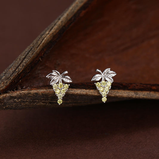 Sterling Silver Green Grape and Leaf CZ Stud Earrings
