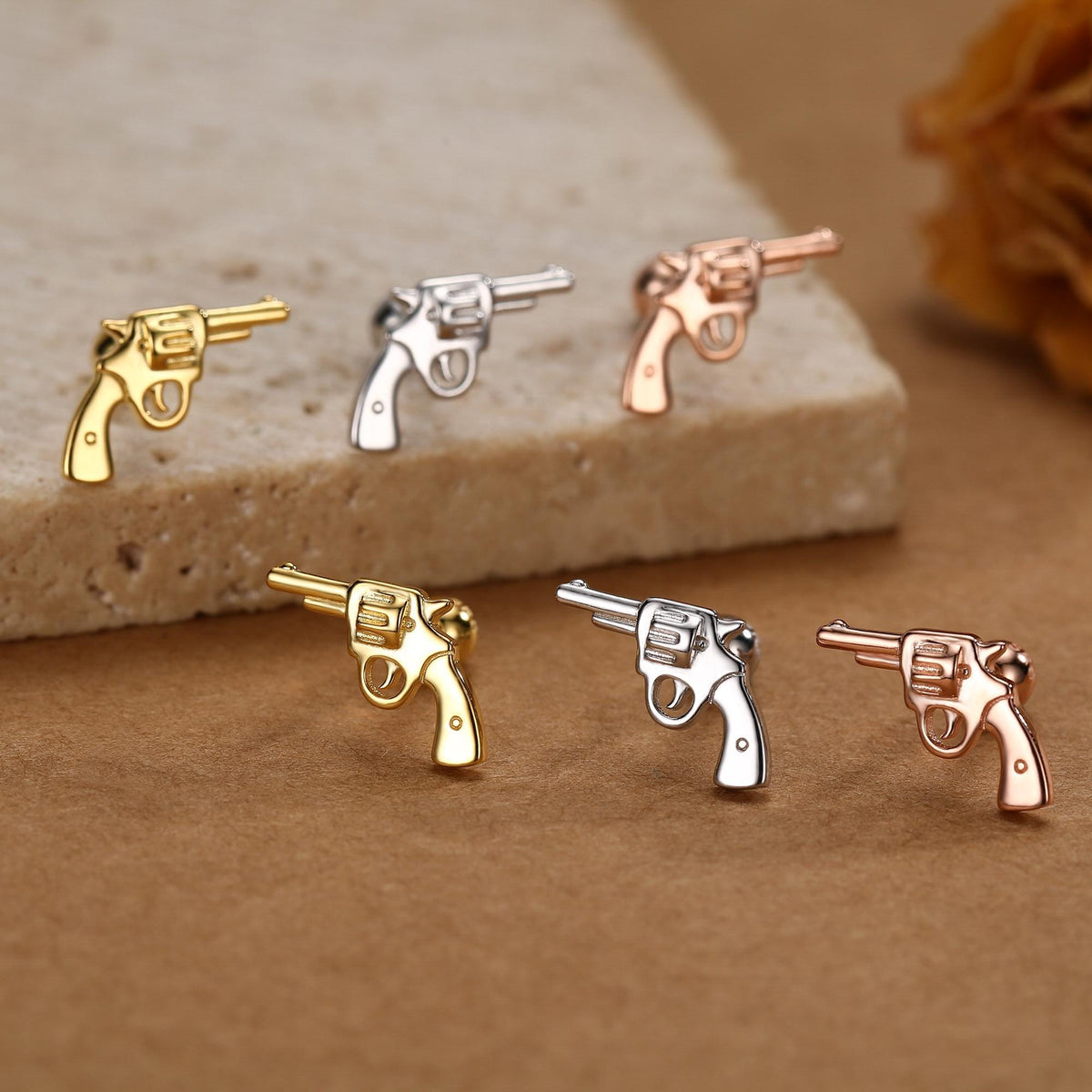 Sterling Silver Revolver Gun 18G Screw Back Stud Earrings