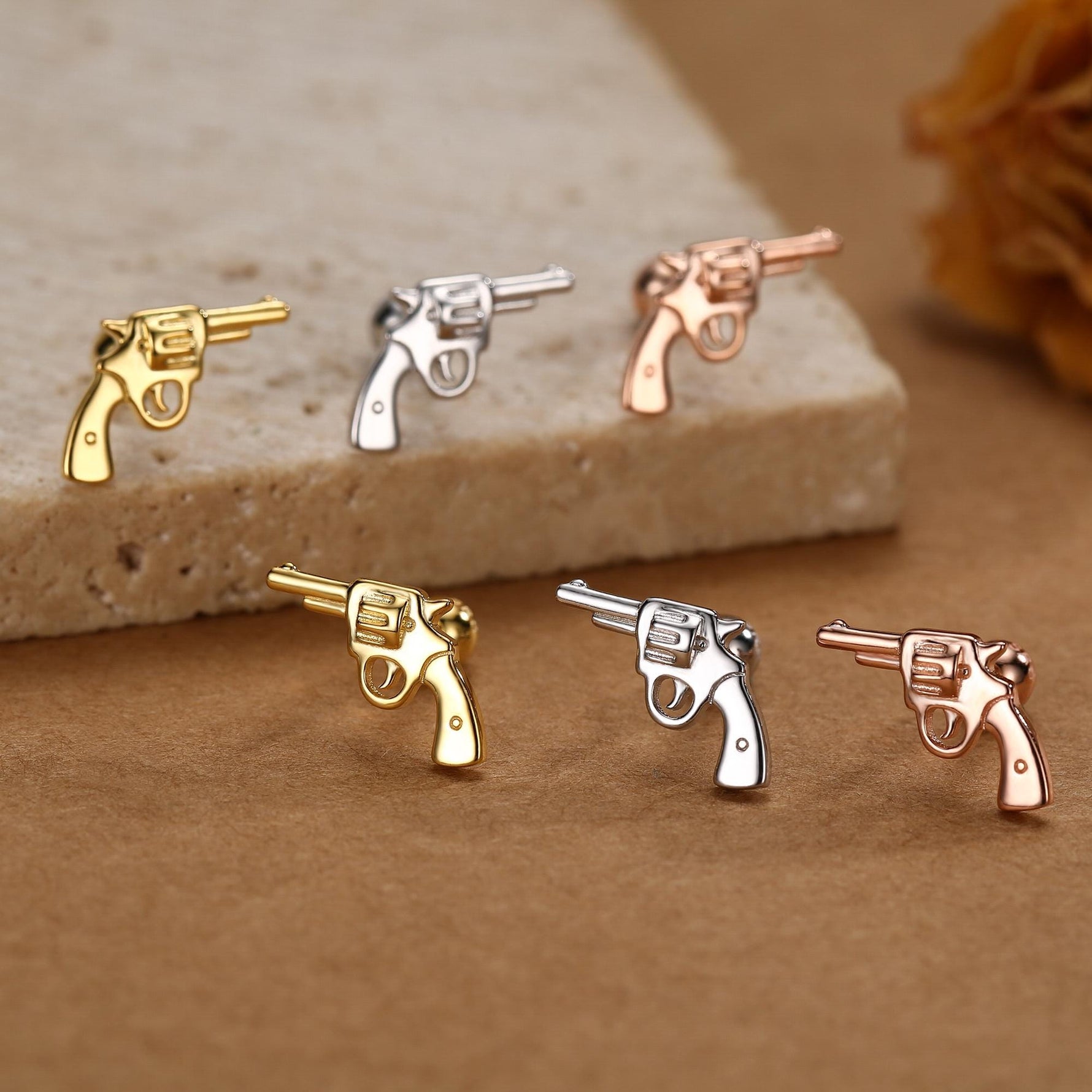 Sterling Silver Revolver Gun 18G Screw Back Stud Earrings