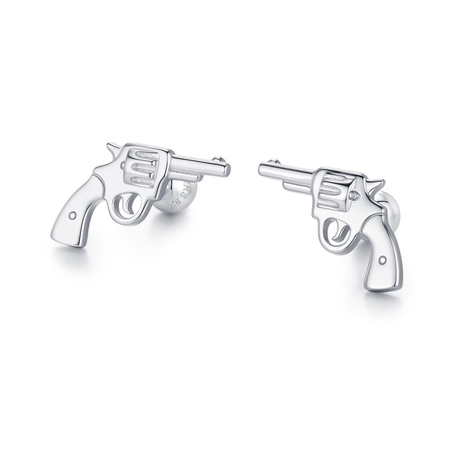 Sterling Silver Revolver Gun 18G Screw Back Stud Earrings