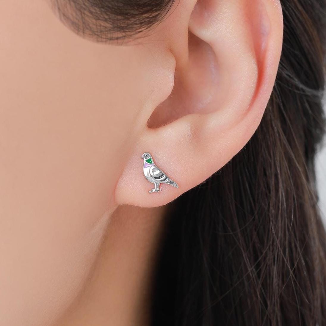 Sterling Silver Pigeon Enamel 18G Screw Back Stud Earrings with Ball Backs,Bird Earrings