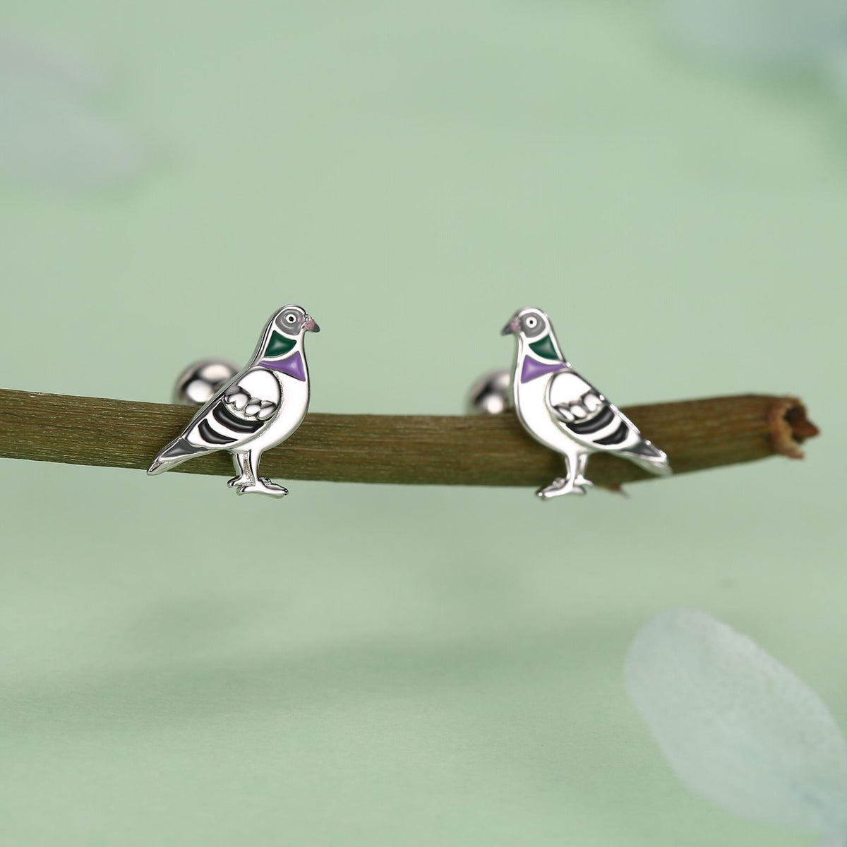 Sterling Silver Pigeon Enamel 18G Screw Back Stud Earrings with Ball Backs,Bird Earrings