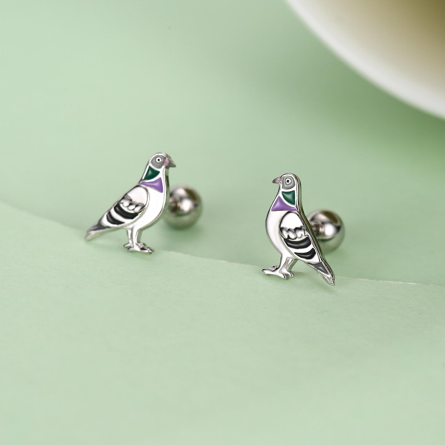 Sterling Silver Pigeon Enamel 18G Screw Back Stud Earrings with Ball Backs,Bird Earrings