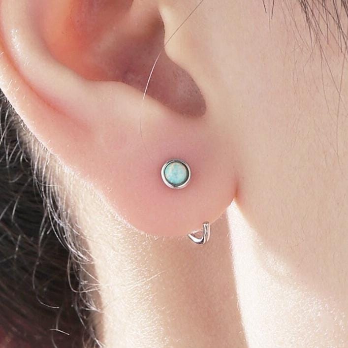 Minimalist Aqua Green Opal Huggie Hoop Threader Earrings in Sterling Silver, Gold or Silver, Pull Through Open Hoop Earrings