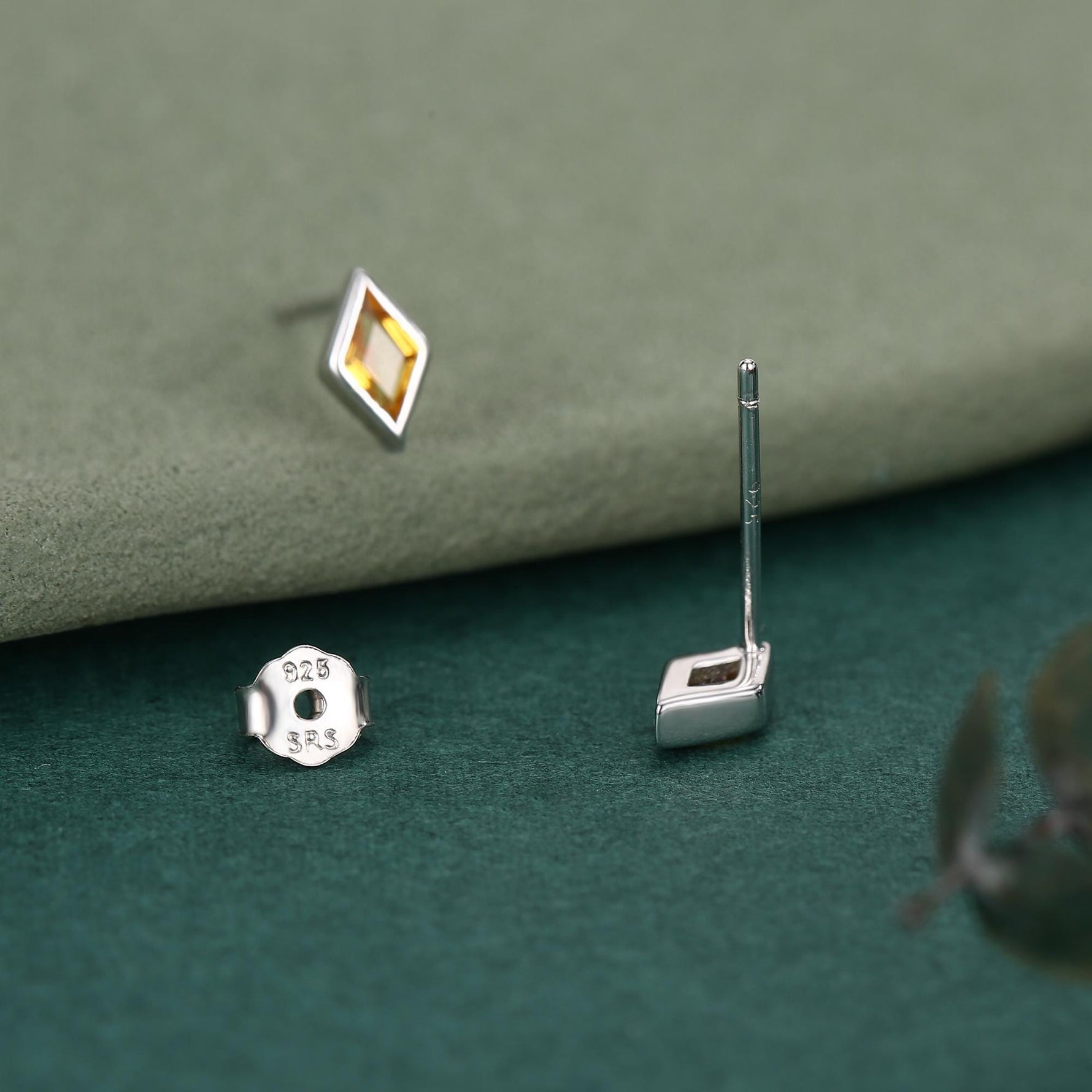 Sterling Silver Citrine Yellow CZ Rhombus Stud Earrings