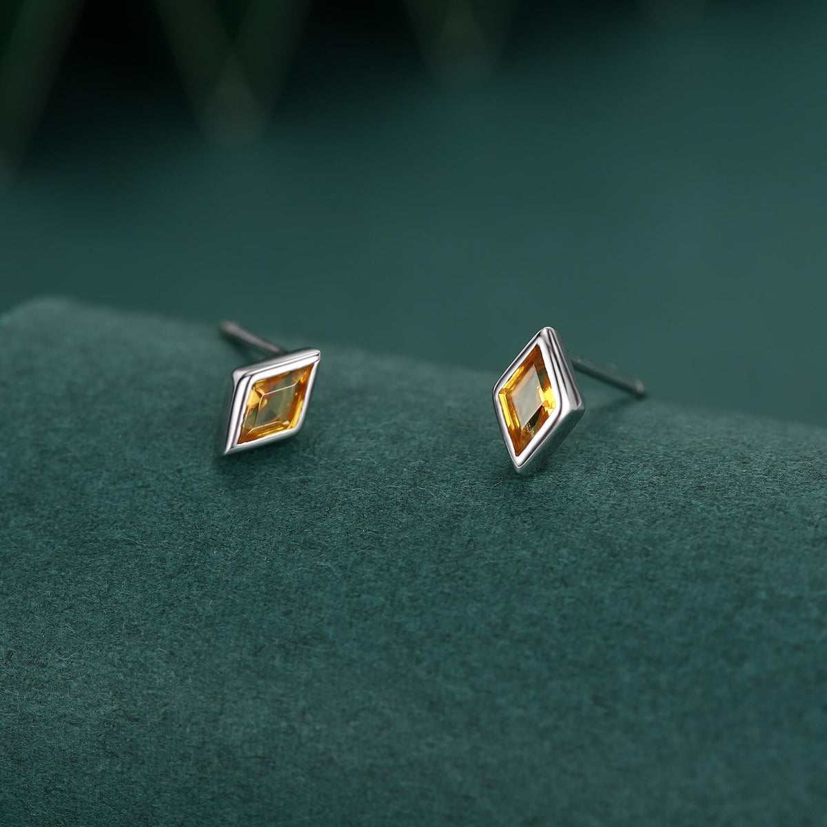 Sterling Silver Citrine Yellow CZ Rhombus Stud Earrings