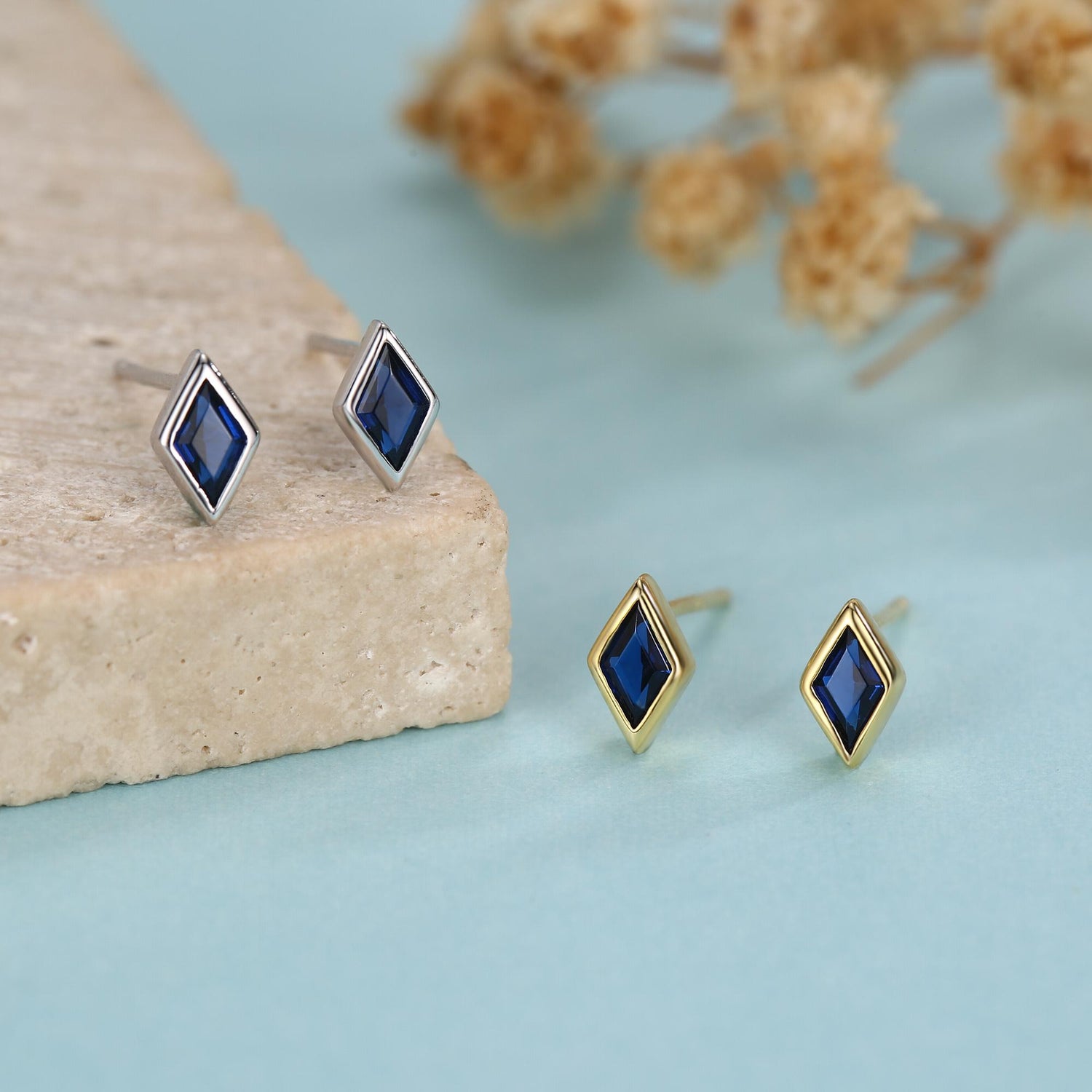 Sterling Silver Sapphire Blue CZ Rhombus Stud Earrings