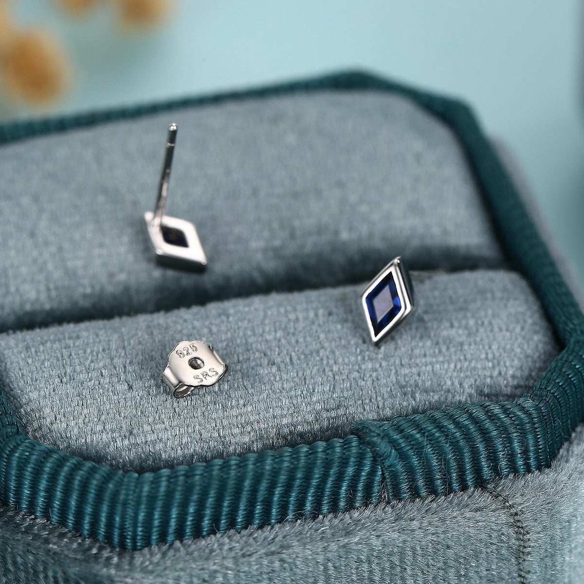 Sterling Silver Sapphire Blue CZ Rhombus Stud Earrings