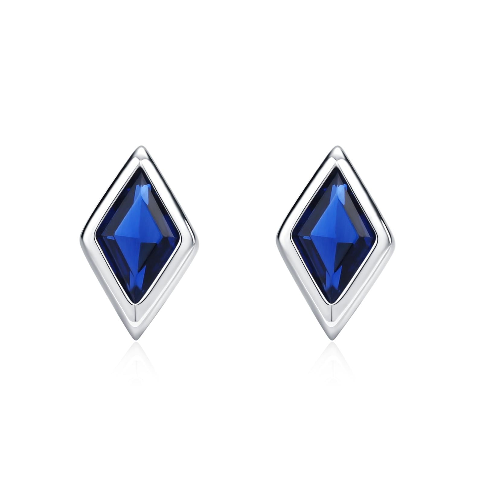 Sterling Silver Sapphire Blue CZ 18G Screw Back Rhombus Stud Earrings with Ball Backs