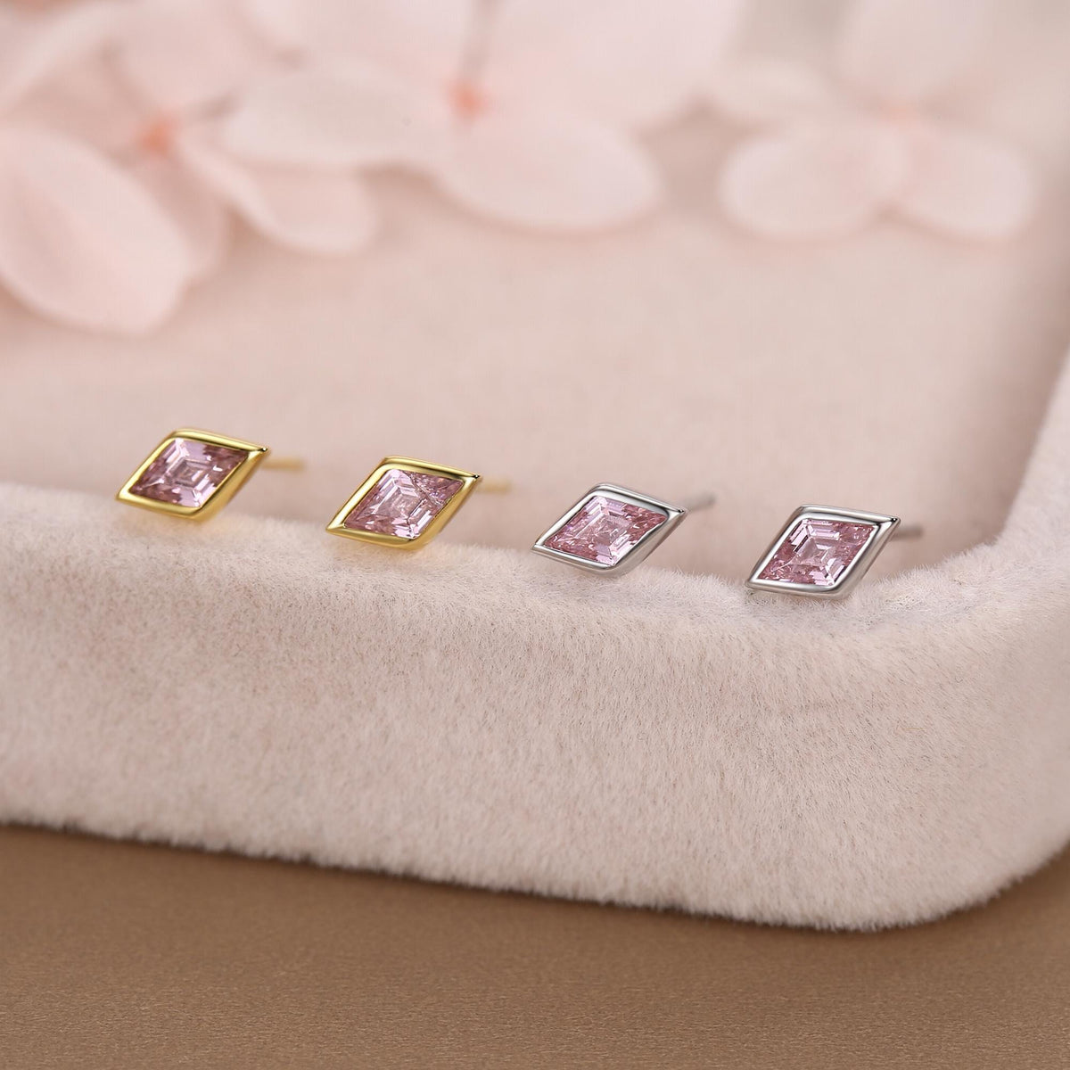 Sterling Silver Pink CZ Rhombus Stud Earrings