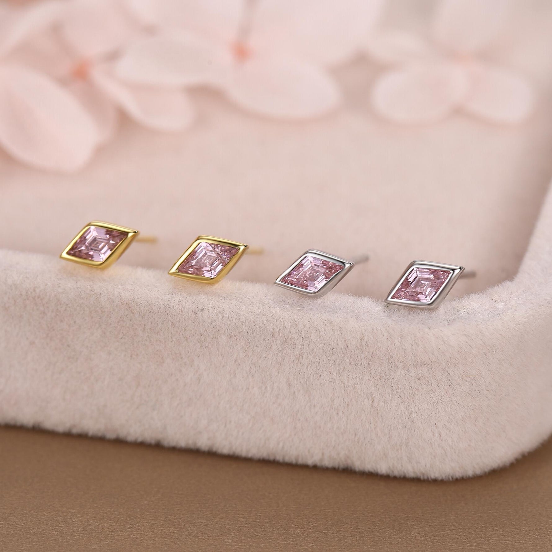 Sterling Silver Pink CZ Rhombus Stud Earrings