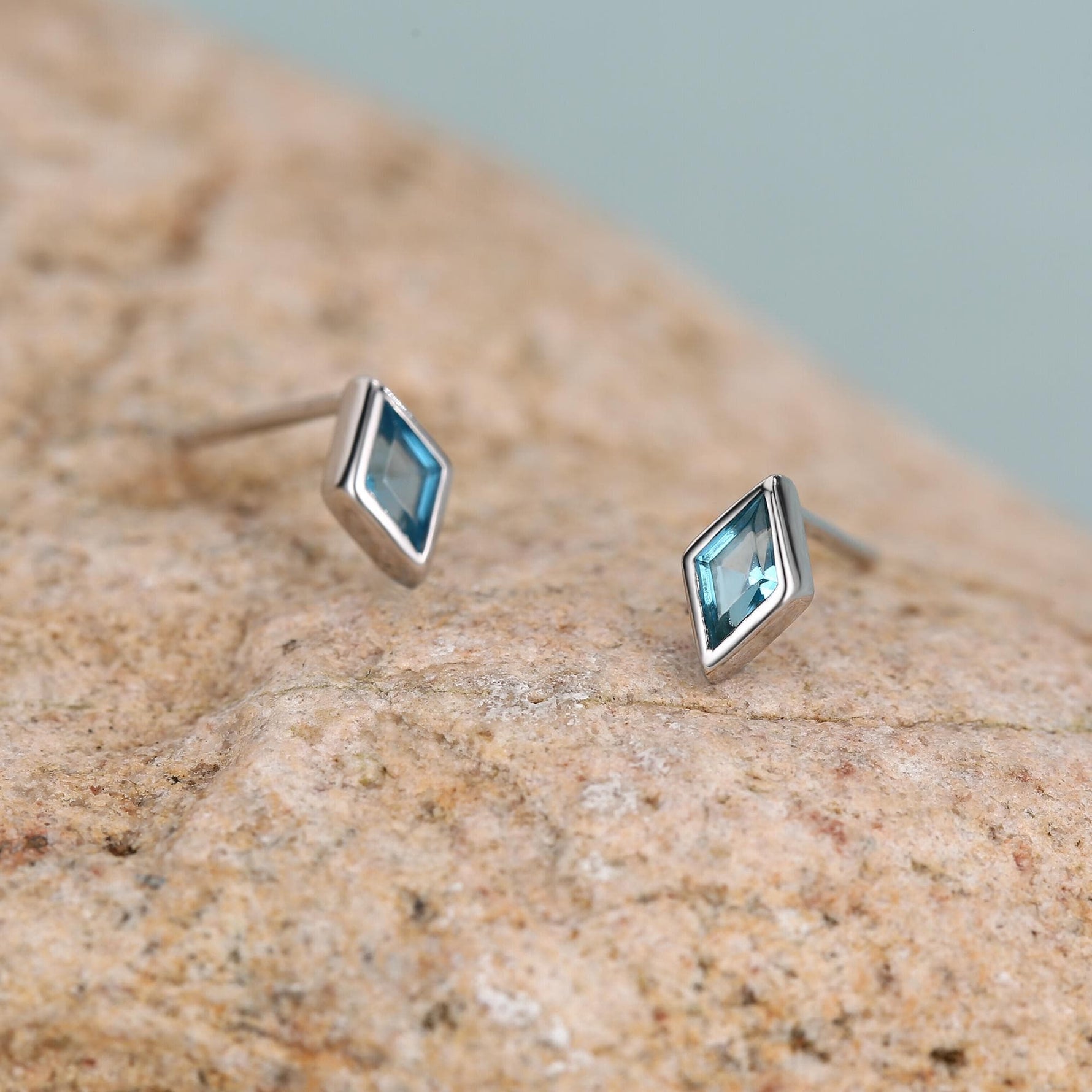 Sterling Silver Sky Blue CZ Rhombus Stud Earrings