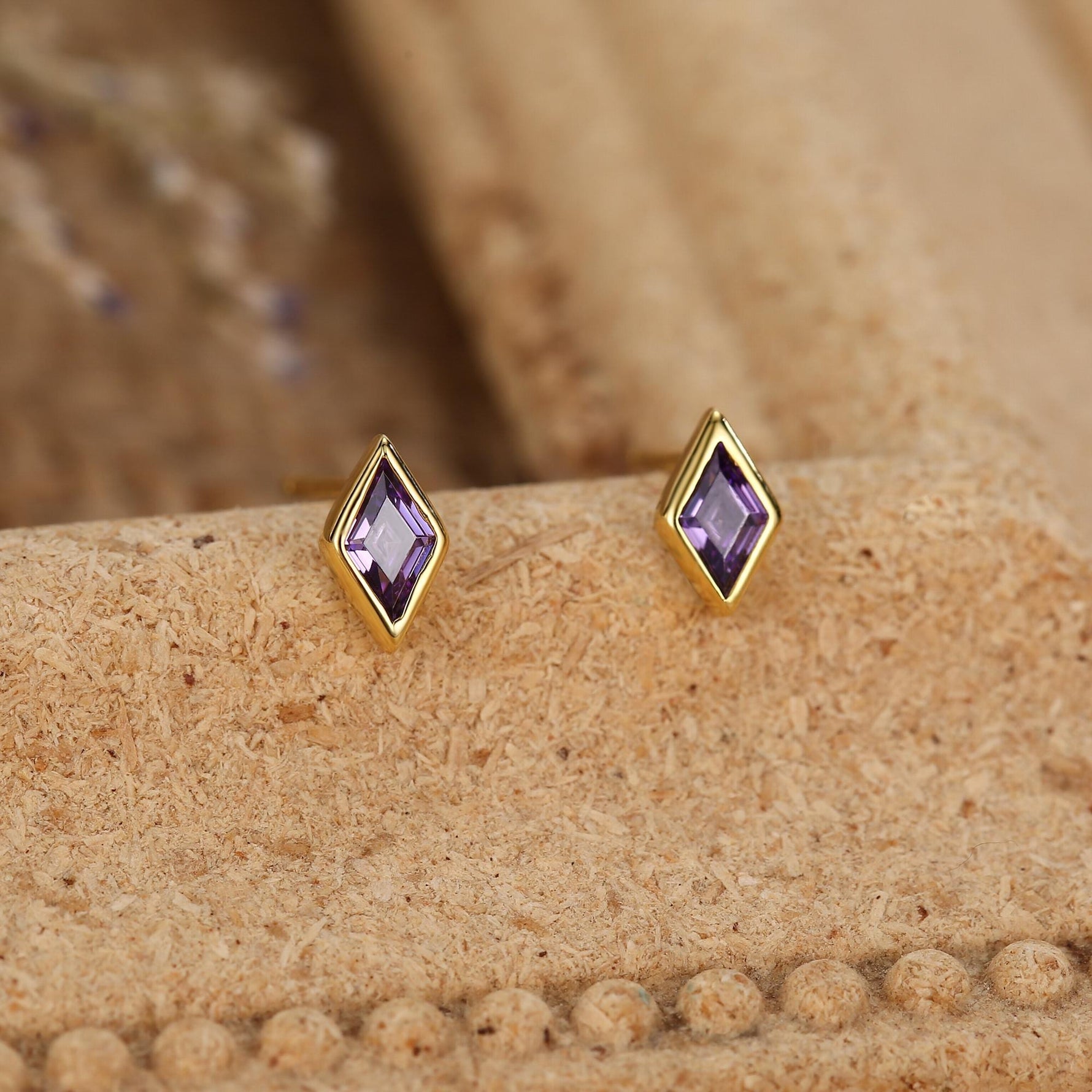 Sterling Silver Amethyst Purple CZ Rhombus Stud Earrings