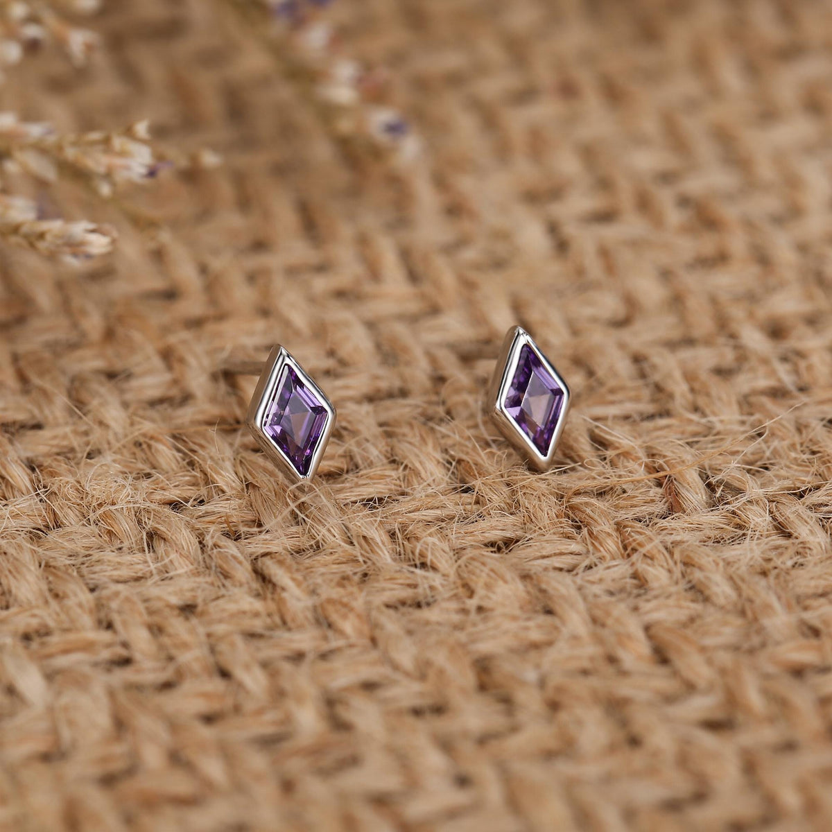 Sterling Silver Amethyst Purple CZ Rhombus Stud Earrings