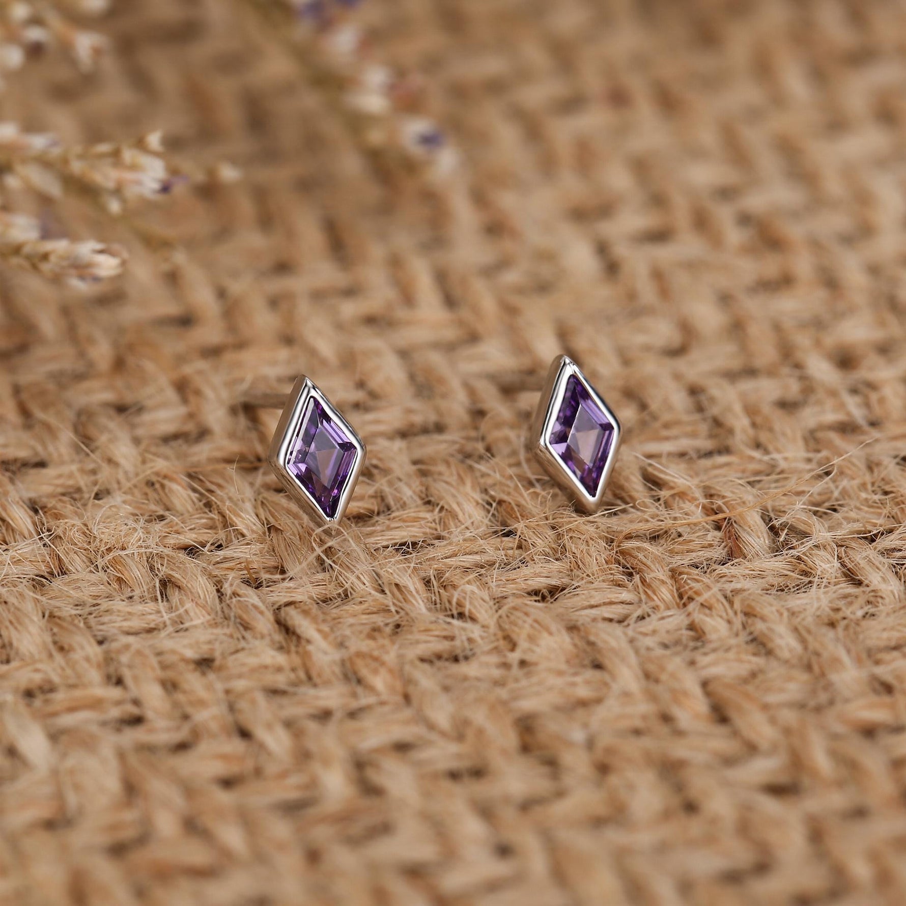 Sterling Silver Amethyst Purple CZ Rhombus Stud Earrings