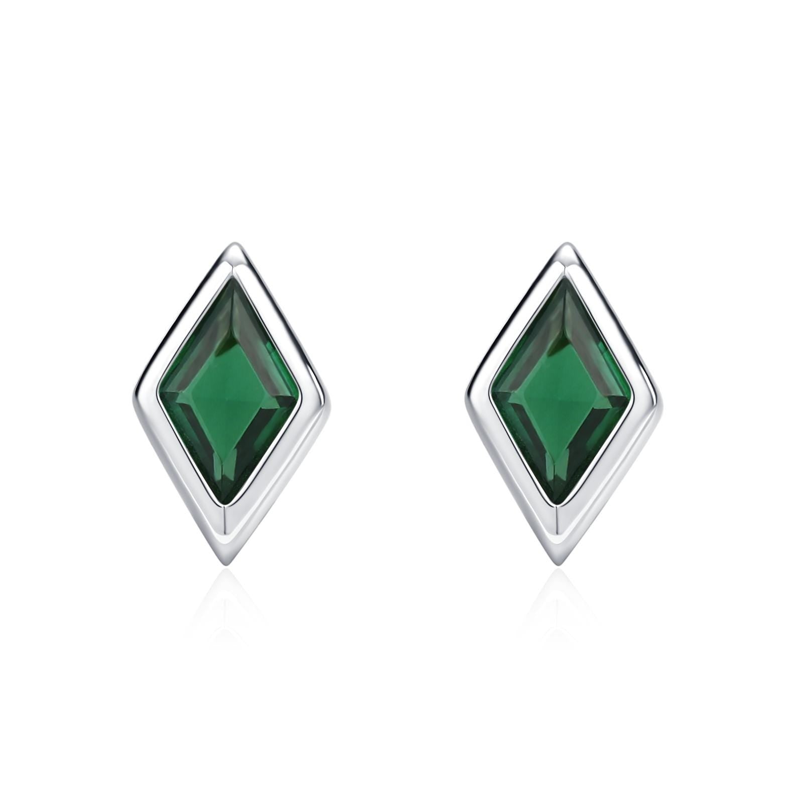 Sterling Silver Emerald Green CZ Rhombus Stud Earrings