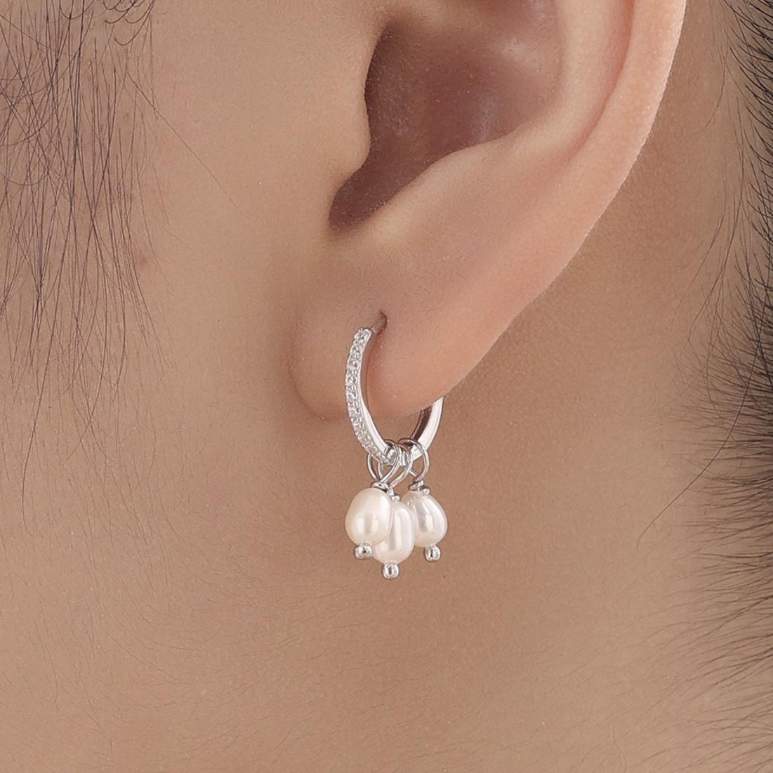 Natural Oval Pearl Trio CZ Huggie Hoop Earrings in Sterling Silver, Silver or Gold, Pearl Cluster Dangle Earrings, Genuine Freshwater Pearls
