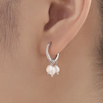 Natural Oval Pearl Trio CZ Huggie Hoop Earrings in Sterling Silver, Silver or Gold, Pearl Cluster Dangle Earrings, Genuine Freshwater Pearls