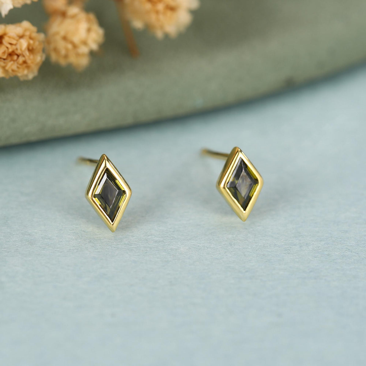 Sterling Silver Olive Green CZ Rhombus Stud Earrings